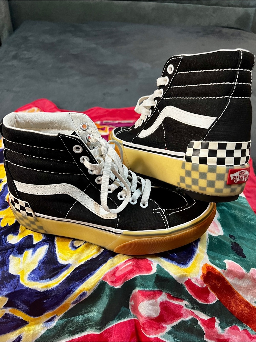 Rare Vans Sk8-Hi Stacked Checkerboard Wms Canvas Platform Gumsole Shoes US 7.5